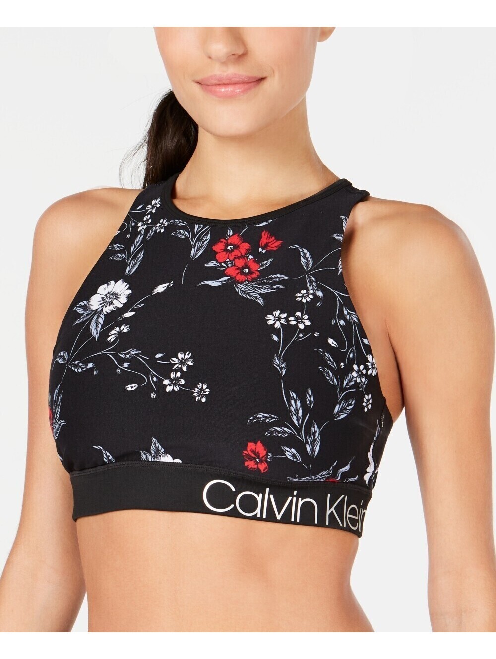 Calvin Klein Womens Printed Strappy-Back Low-Impact Sports Bra Size M